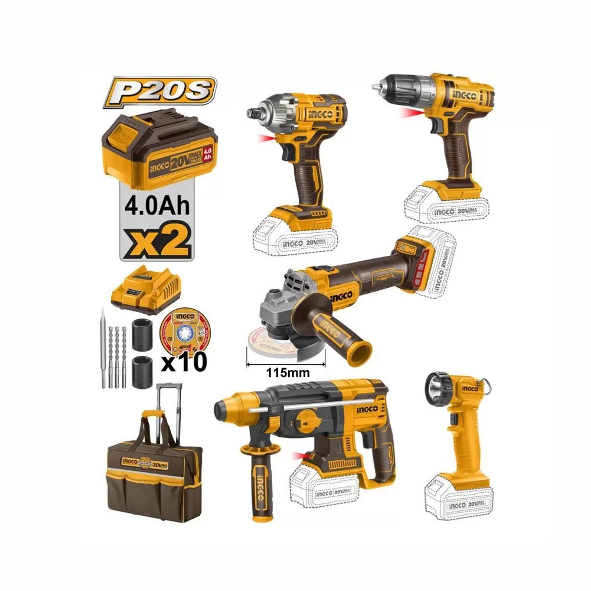 INGCO Lithium-Ion Industrial Combo 20V Set 5pcs (Impact Drill, Impact Wrench, Rotary Hammer, Angle Grinder, Work Lamp)  CKLI2019