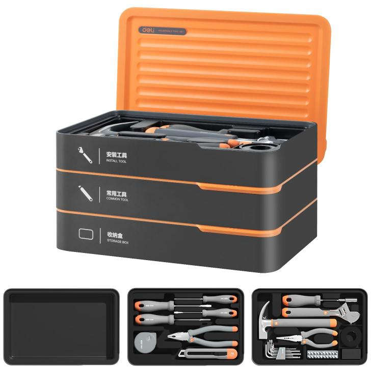 Deli Household hand tool set with 15 pieces including screwdrivers, pliers, utility knife, and scissors for basic home repair and maintenance H1001-ADE